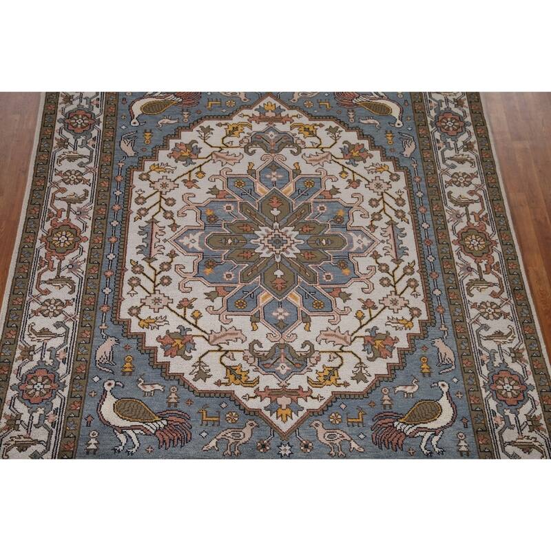 Animal Pictorial Heriz Serapi Indian Area Rug Handmade Wool Carpet - 7'10"x 9'7"