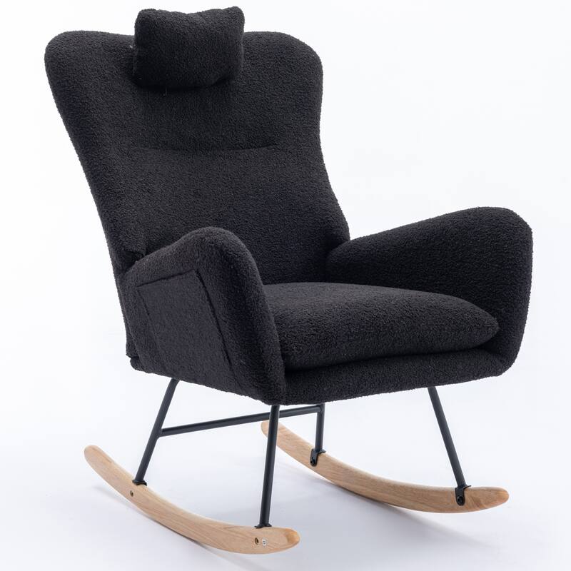 Teddy Fabric Wingback Rocking Chair for Nursery with Safe Solid Wood Base