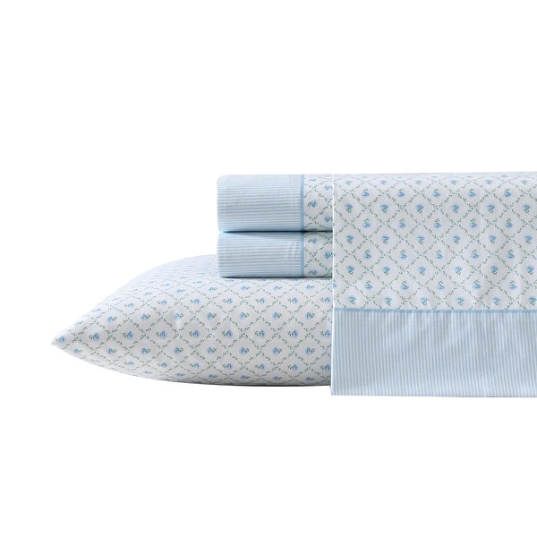 Laura Ashley Percale Cotton Printed Hem Sheet Sets - King - Kate