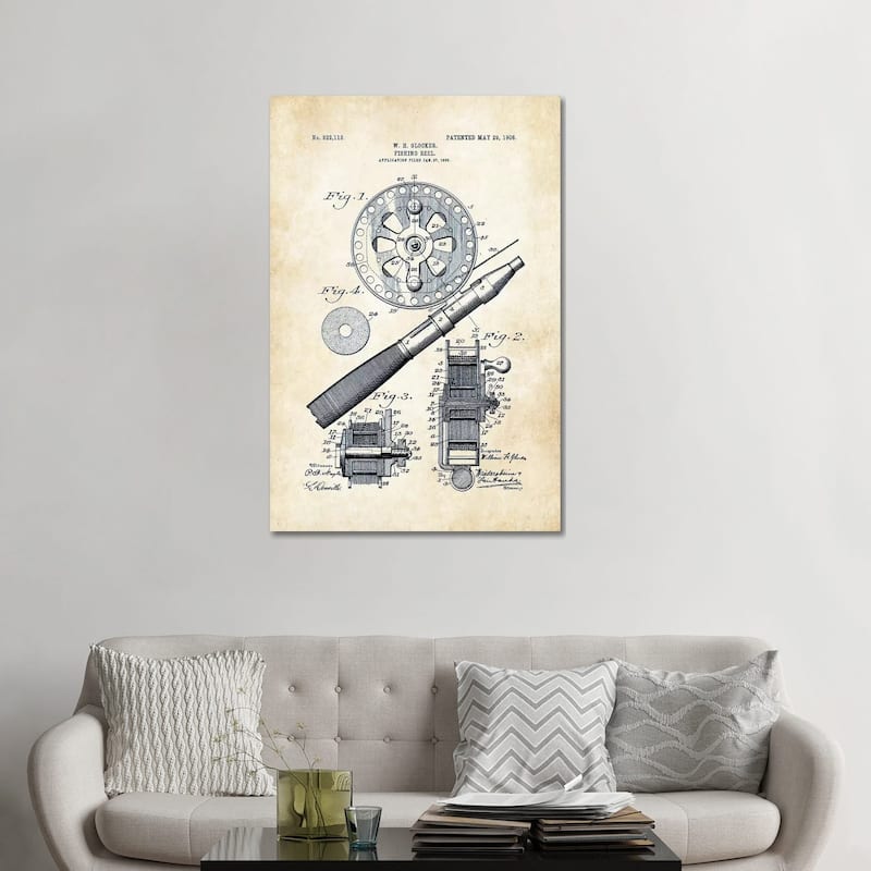 iCanvas "Fly Fishing Reel (1906)" by Patent77 Canvas Print - 48x32x1.5