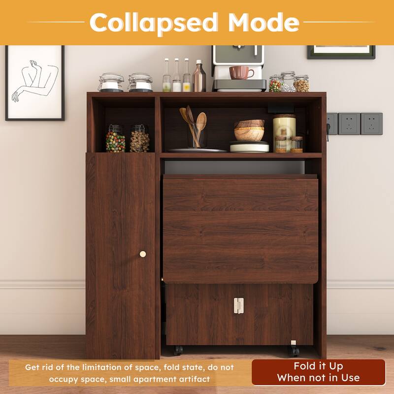 Folding Dining Table and Storage Sideboard with Charging Station， Multifunctional Space-Saving Kitchen Table with Wheels