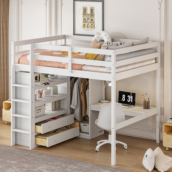 slide 2 of 20, Wood Full Size Loft Bed with Built-in Wardrobe, Desk, Storage Shelves and Drawers White