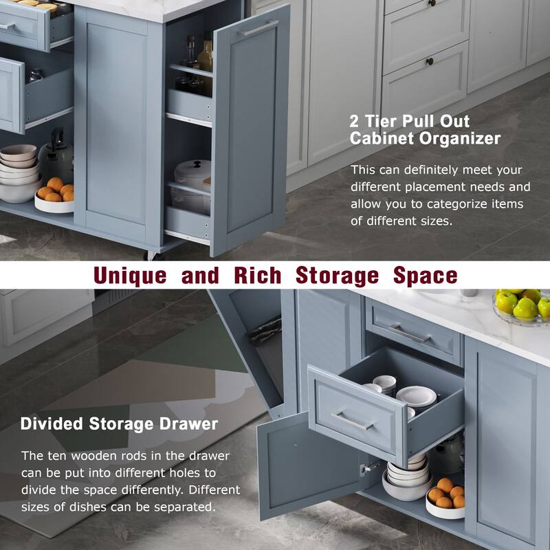 50.7" Kitchen Island with Drop Leaf, Pull Out Cabinet Organizer, Rolling Wheels, Trash Bin and 2 Drawers