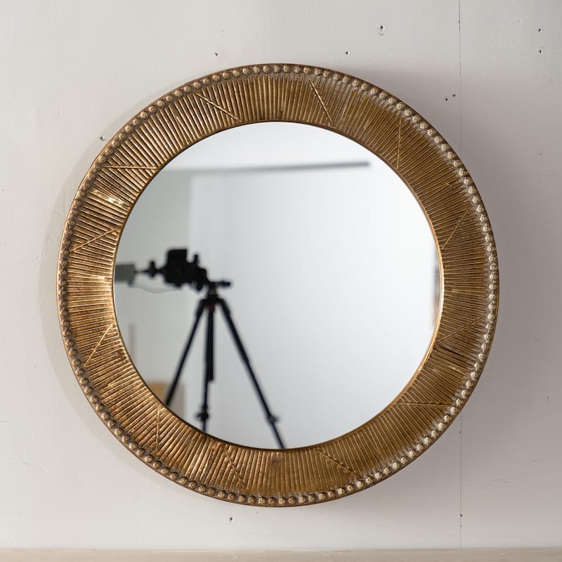 31.3" Gold Textured Round Wall Mirror - Iron Frame & MDF Back Decorative Mirror, Boho Accent Mirror - Natural Wood