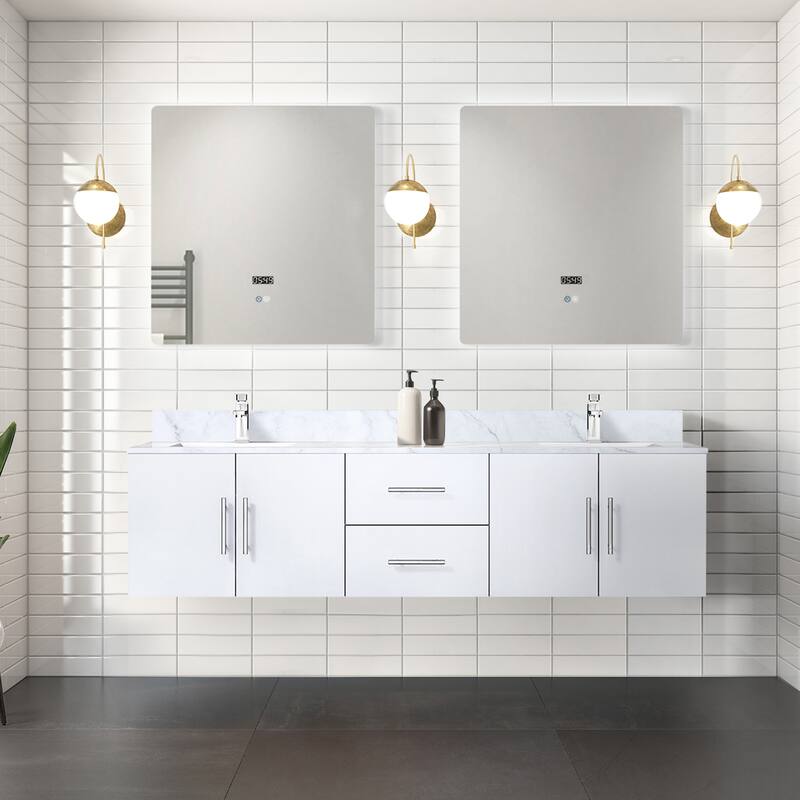 Geneva 72 in. W x 22 in. D Glossy White Double Bath Vanity, Carrara Marble Top, and 30 in. LED Mirrors - White - Double Vanities