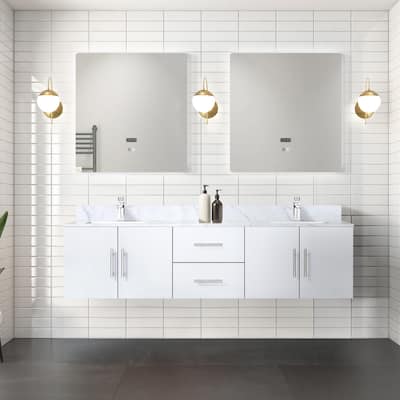 Geneva 72 in. W x 22 in. D Glossy White Double Bath Vanity, Carrara Marble Top, and 30 in. LED Mirrors
