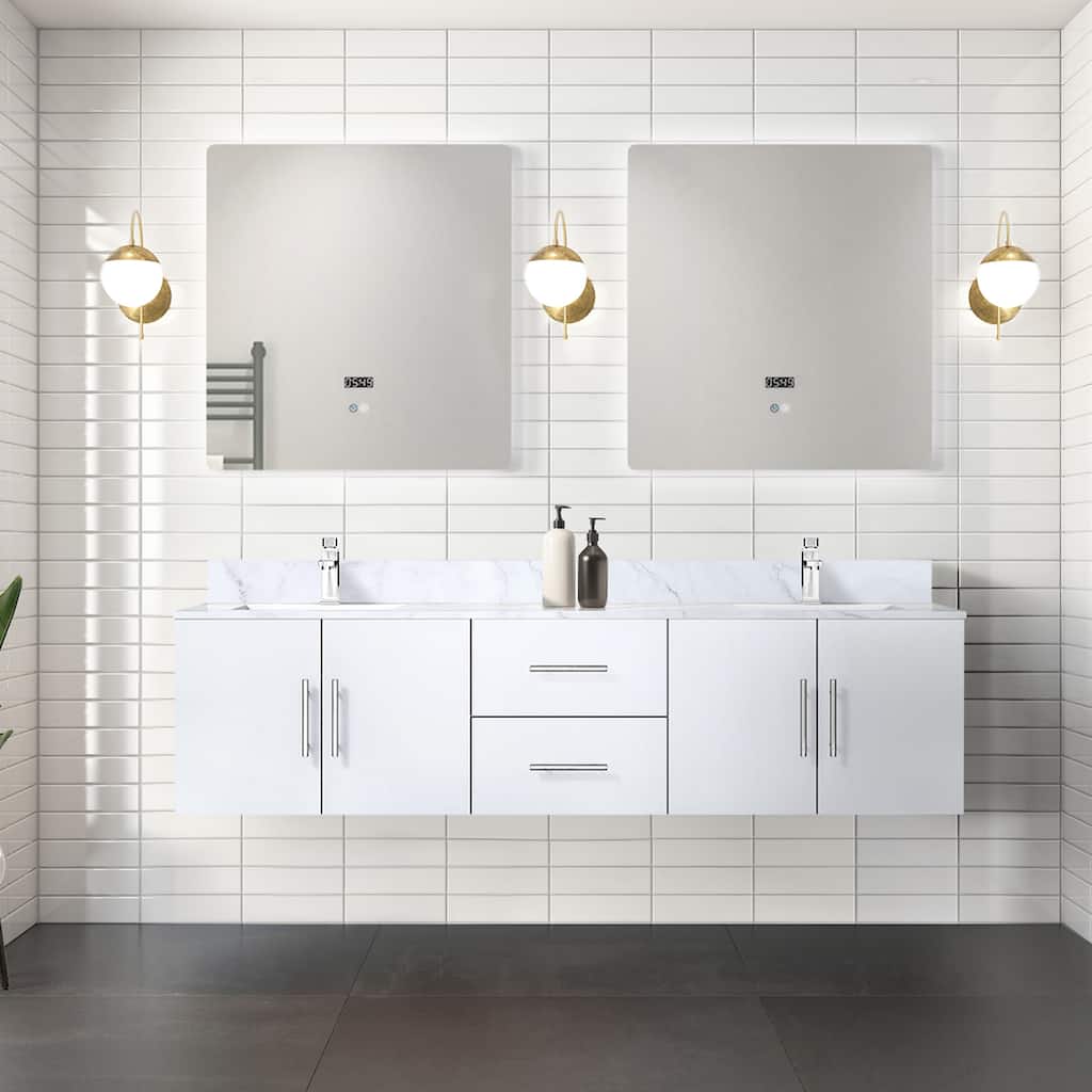 Geneva 72 in. W x 22 in. D Glossy White Double Bath Vanity, Carrara Marble Top, and 30 in. LED Mirrors