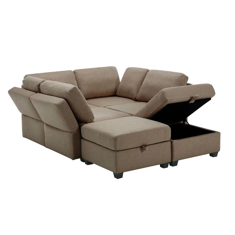 Modern Modular 6 Seat Upholstered Sectional Sofa with Storage, Adjustable Arm, Brown