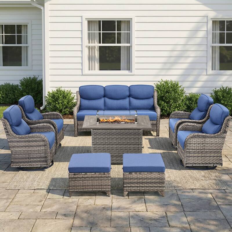 Pocassy Outdoor Fire Pit Sofa Swivel Chairs Ottoman Furniture Set - Gray Wicker Blue Cushion - 8-Piece Sofa Swivel Chair Ottoman w/ Fie Table