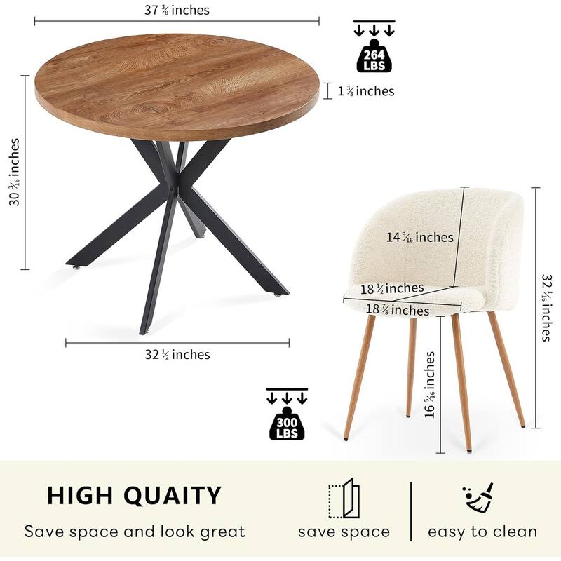 Howtai Round Dining Table Set with Fluffy Sherpa Arm Chairs Space Saving