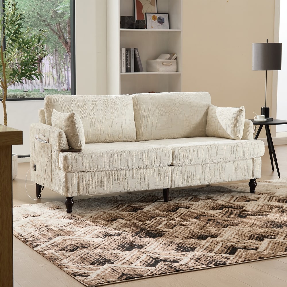 HOMEFUN Chenille Upholstered Mid Century Modern Wood Frame Loveseats Sofa with LED light,USB and Side Pocket