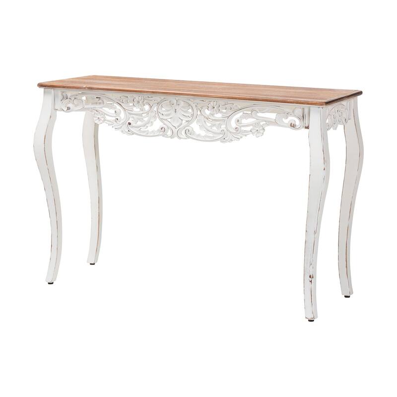 Riquin Distressed Wood Console Table - Carved Wood Accent Table with Floral Motif and Two-Tone Finishing - Natural Brown, White