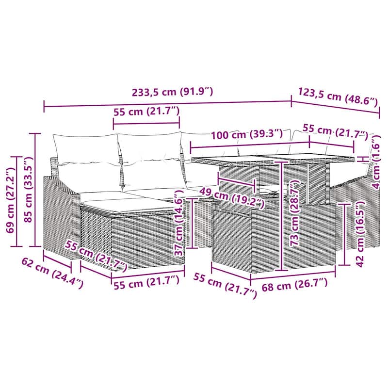 vidaXL 7 Piece Garden Sofa Set with Cushions - 91.0×48.6×27.2