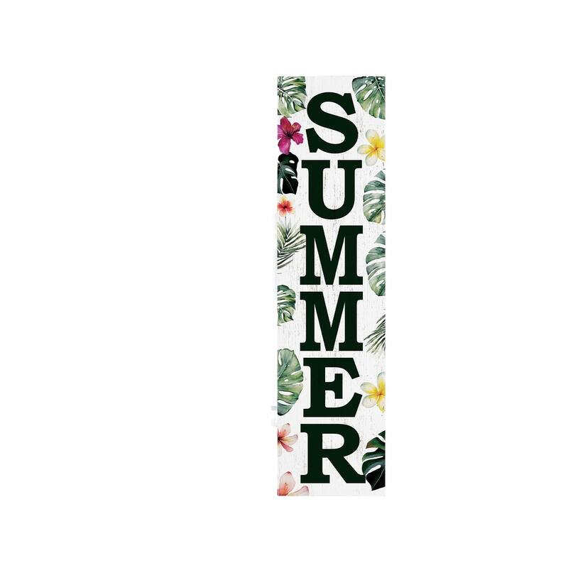 HomeRoots 36" Green Pink And White Solid Wood Tropical Floral Summer Porch Sign