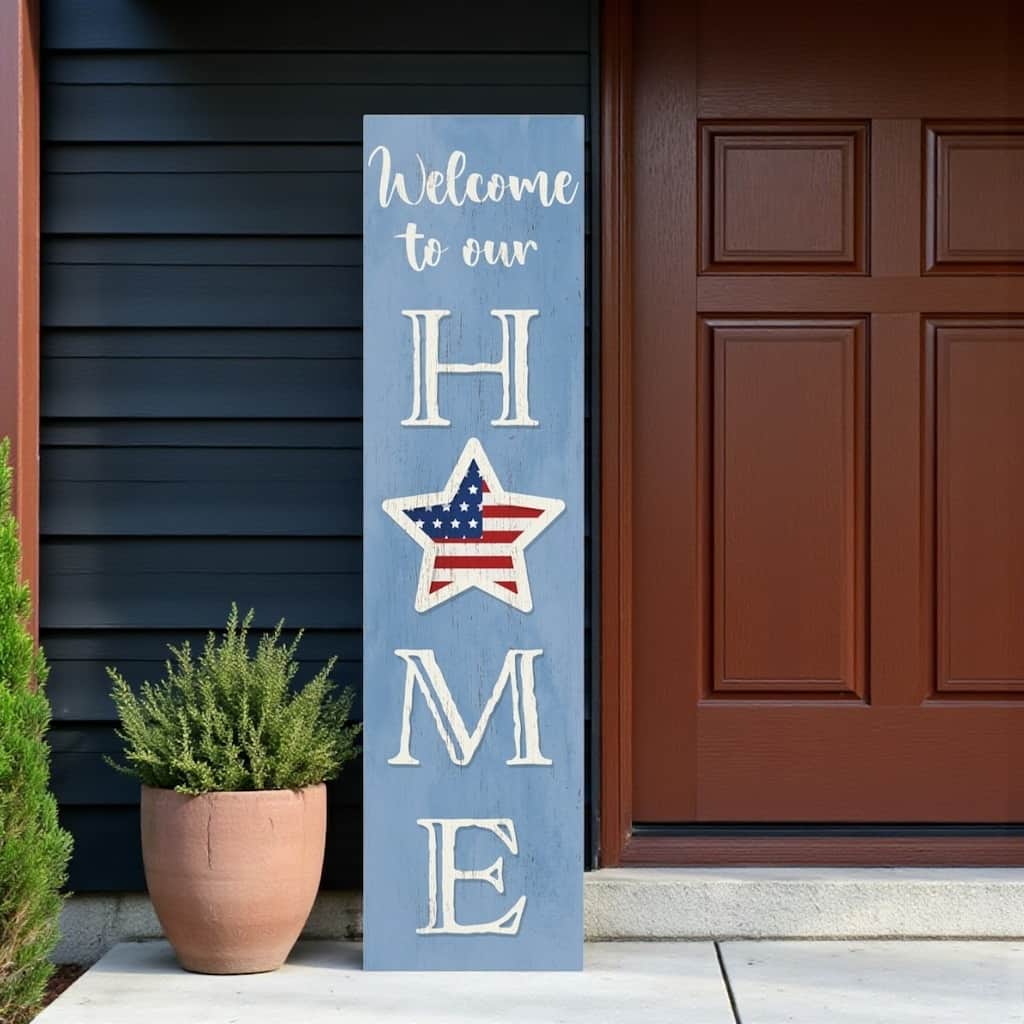 HomeRoots 36" Blue White And Red Solid Wood Welcome To Our Home Americana Porch Sign