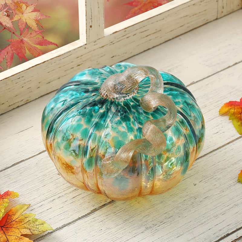 Glitzhome 5.25"D Blue & Gold Glitter Small Glass Pumpkin Halloween Table Decor