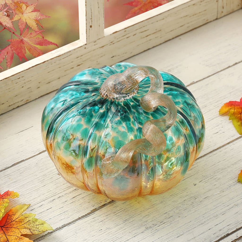 Glitzhome 5.25"D Blue & Gold Glitter Small Glass Pumpkin Halloween Table Decor