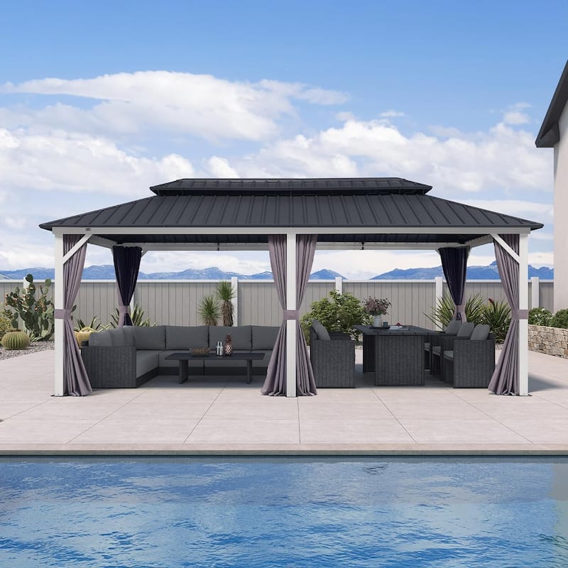 PURPLE LEAF Patio Hardtop Gazebo for Outdoor Grey Galvanized Steel Double Roof White Aluminum Poles - 10' x 20' - Grey