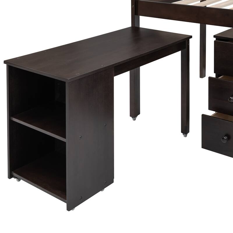 Compact Twin Loft Bed with Storage Drawers and Rolling Desk in Espresso