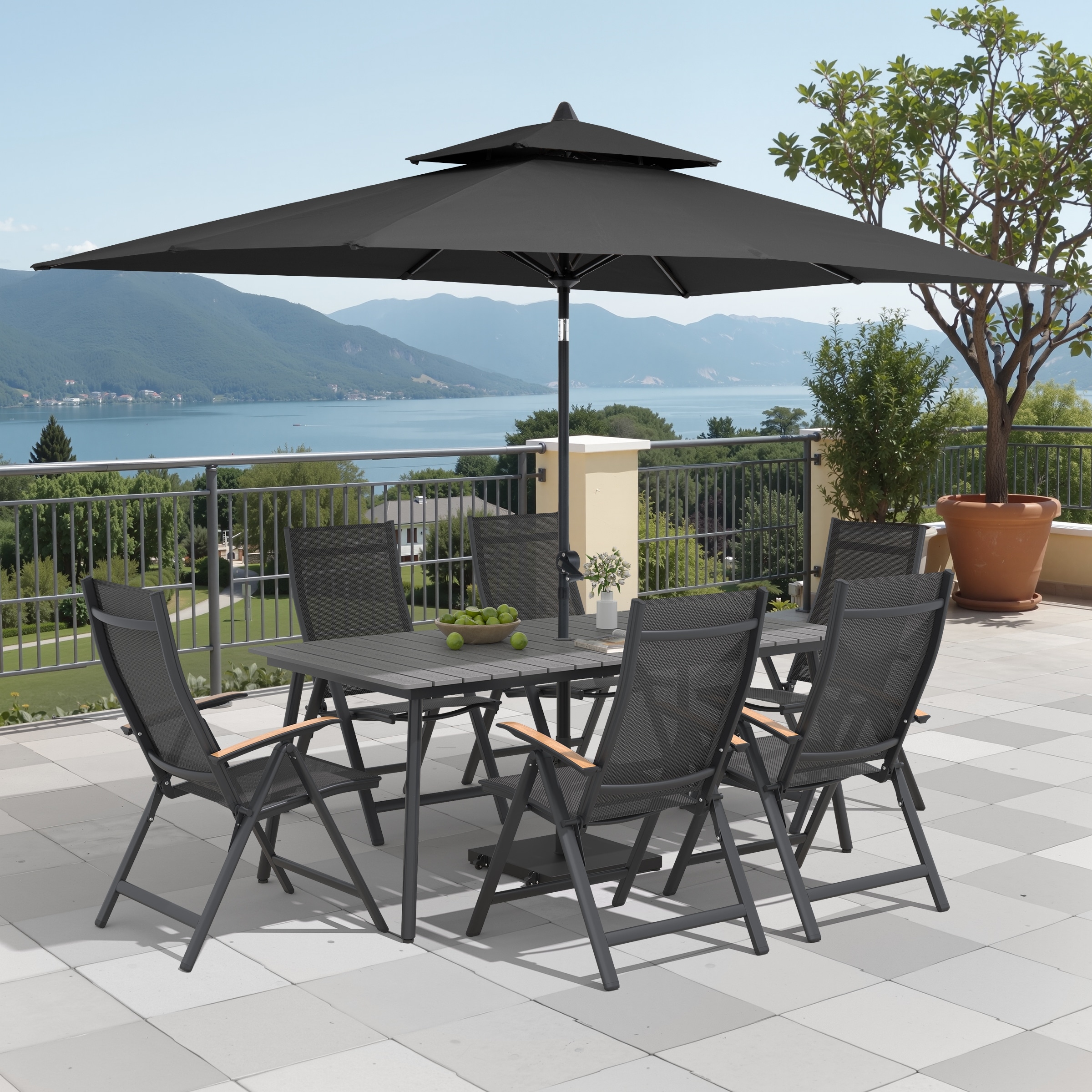 9/11-Piece Outdoor Patio Dining Set Aluminum Dining Table and Folding Chairs w/10 ft Umbrella and Base