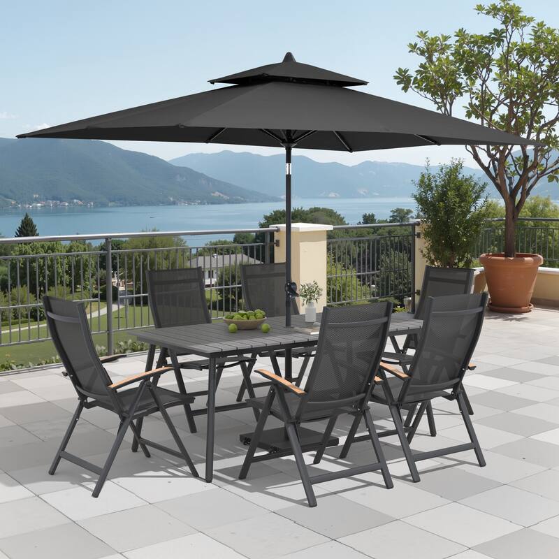 9/11-Piece Outdoor Patio Dining Set Aluminum Dining Table and Folding Chairs w/10 ft Umbrella and Base - Set of 9 - Grey Table with Black Umbrella