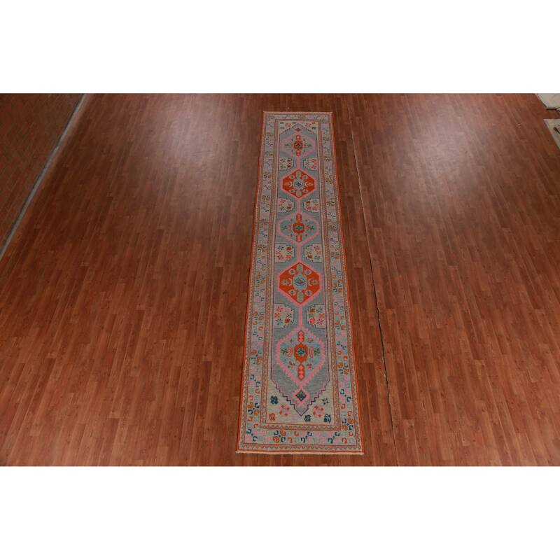 Hand Knotted Oriental 100% Wool Carpet Transitional Geometric Navy Blue & Blues Oushak Runner Rug - 14' 4'' X 3' 1''