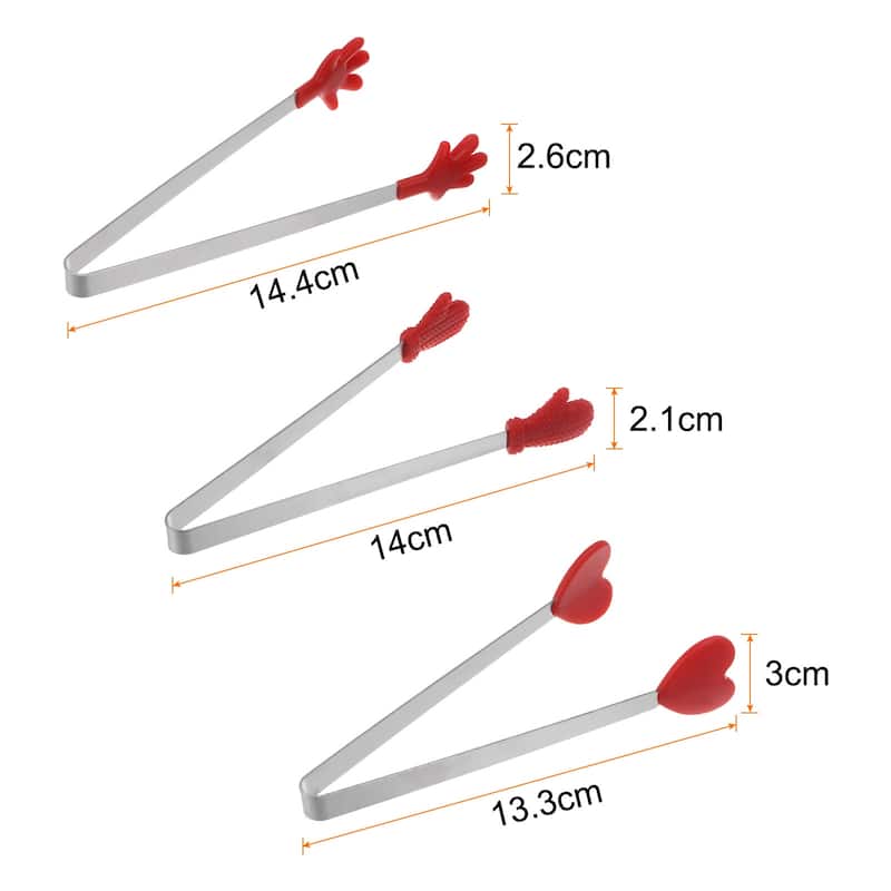 Mini Food Tongs 14cm Pattern Shape Stainless Steel with Silicon Tips - 5.5" - Red
