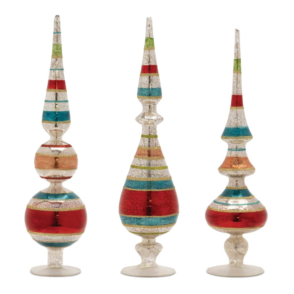 Striped Mercury Glass Finial Christmas Decoration - 16.5" - Set of 3