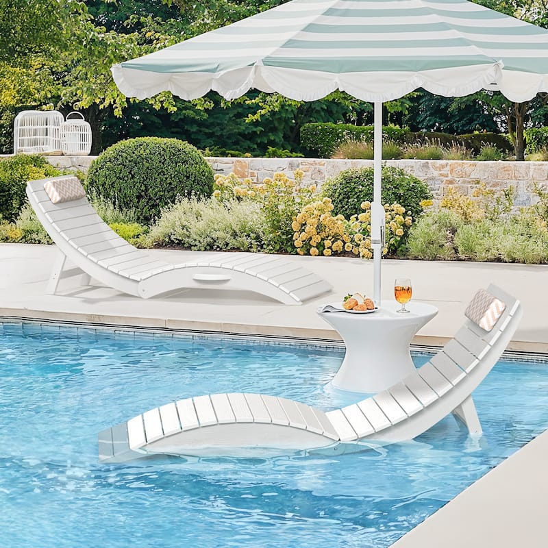2-Piece Folding HDPS Plastic Outdoor Pool Chaise Lounges with Headrest Cushion - White