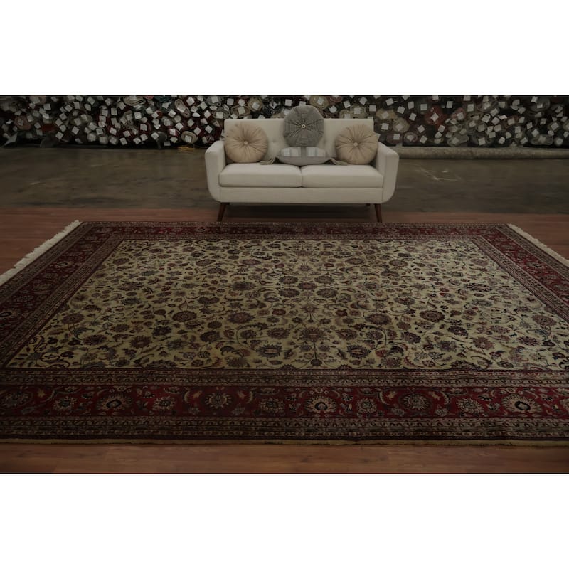 Hand Knotted Oriental 100% Wool Carpet Traditional All-Over Beige & Ivories Kashan Area Rug - 12' 7'' X 9' 1''