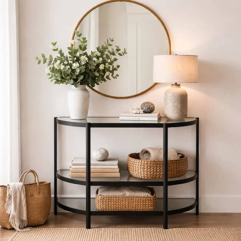 Nizy Sofa Console Table, 36 Inch Glass Top, 1 Open Shelf, Black Iron