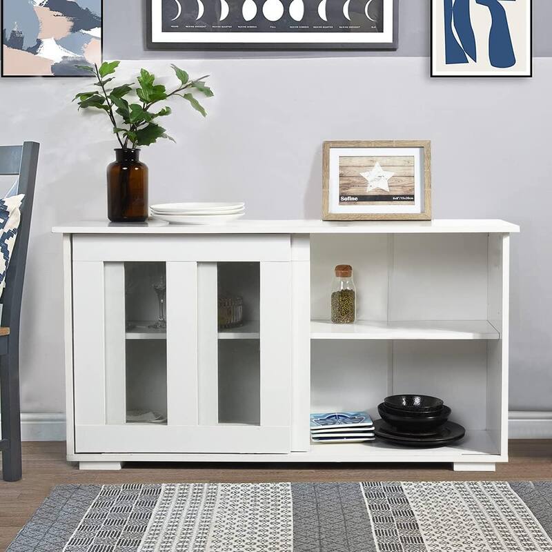 HomyLin White Sideboard Buffet Cabinet with Tempered Glass Doors