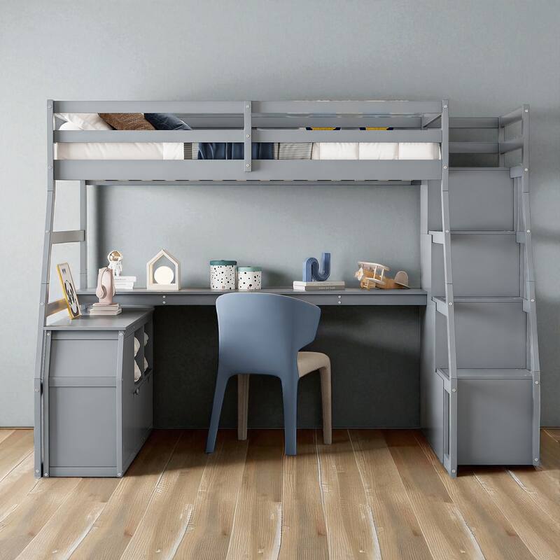 Twin/Full Loft Bed with 7 Drawers, 2 Shelves, and Built-in Desk for Bedroom Organization