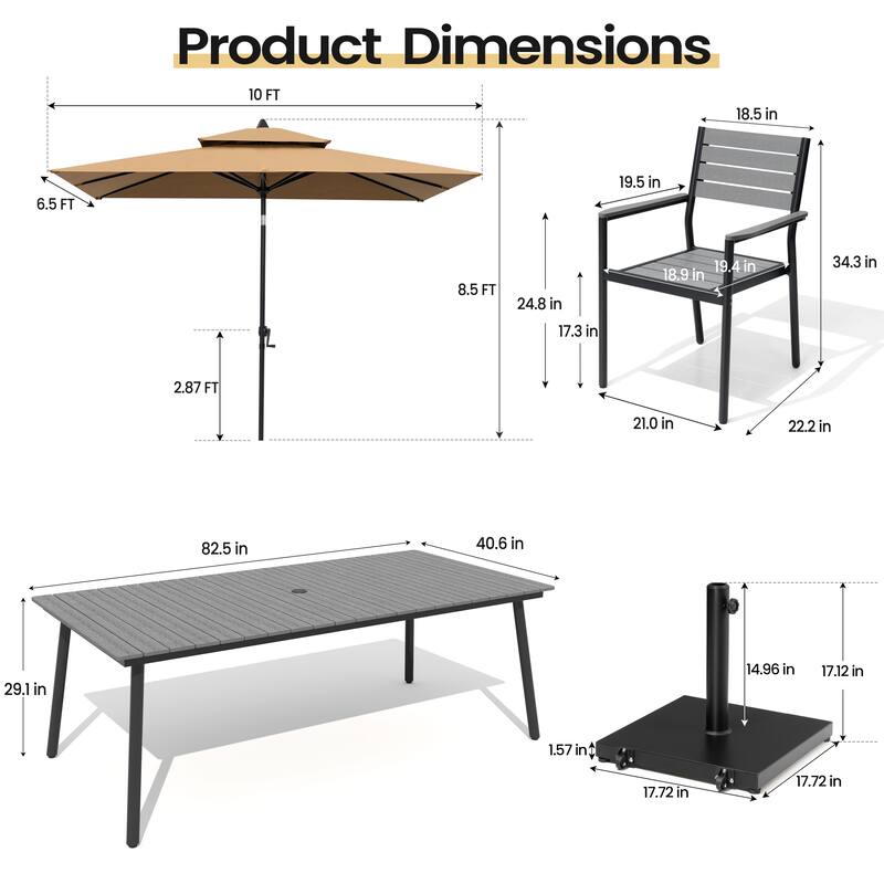 11PC Outdoor Patio Dining Set Wood-Like Aluminum Table with Stackable Armchairs,Double Top Market Umbrella and Wheel Base