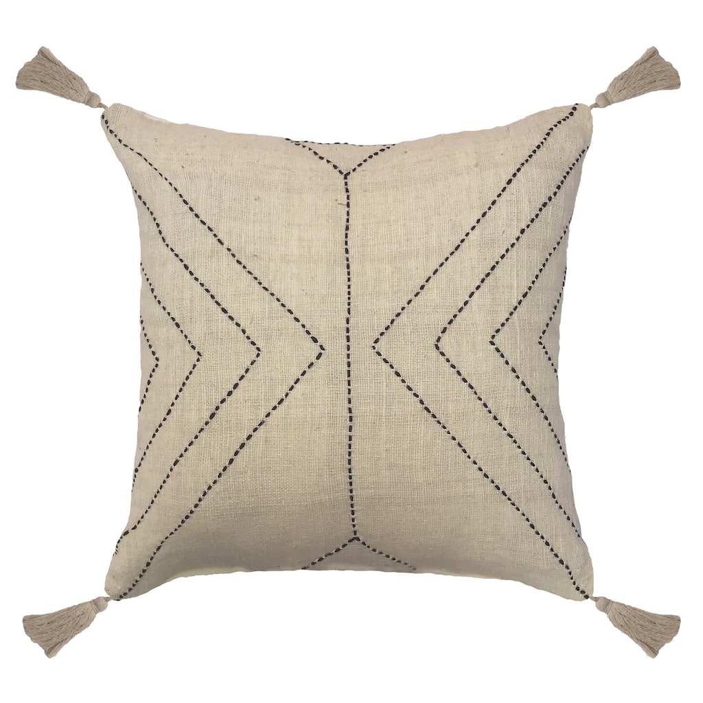 Laredo Handwoven Modern Cotton Blend 20x20 Square Throw Pillow in Ivory with Black Stiching and Tassels