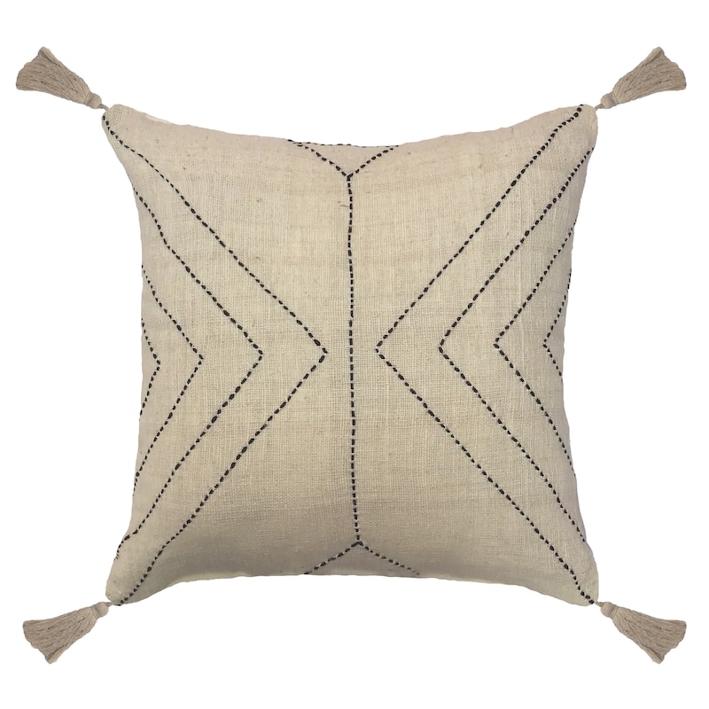 Laredo Handwoven Modern Cotton Blend 20x20 Square Throw Pillow in Ivory with Black Stiching and Tassels