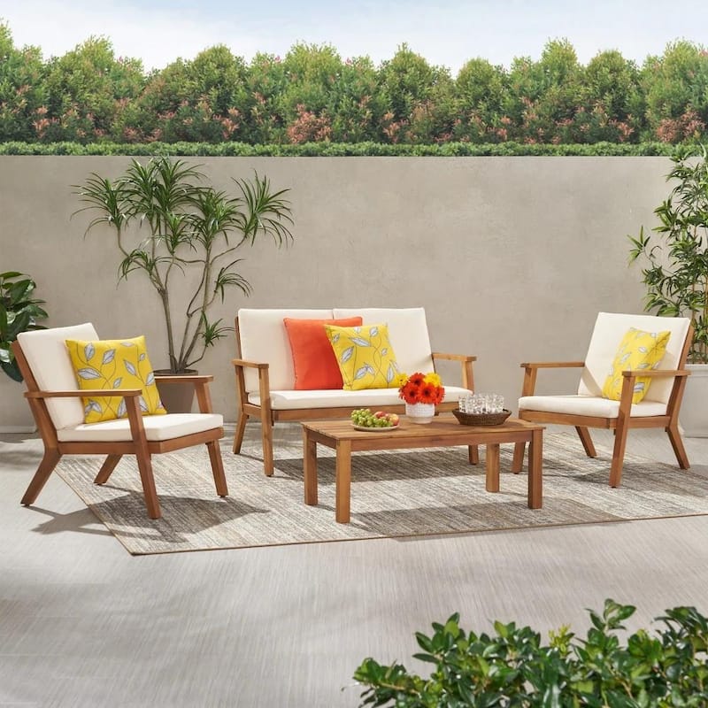 Roomfitters 4 Pcs Outdoor Patio Sofa Set with Loveseat, Club Chairs, Coffee Table, Acacia Wood Frame and Cushions, Grey - Beige