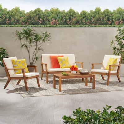 Roomfitters 4 Pcs Outdoor Patio Sofa Set with Loveseat, Club Chairs, Coffee Table, Acacia Wood Frame and Cushions, Grey