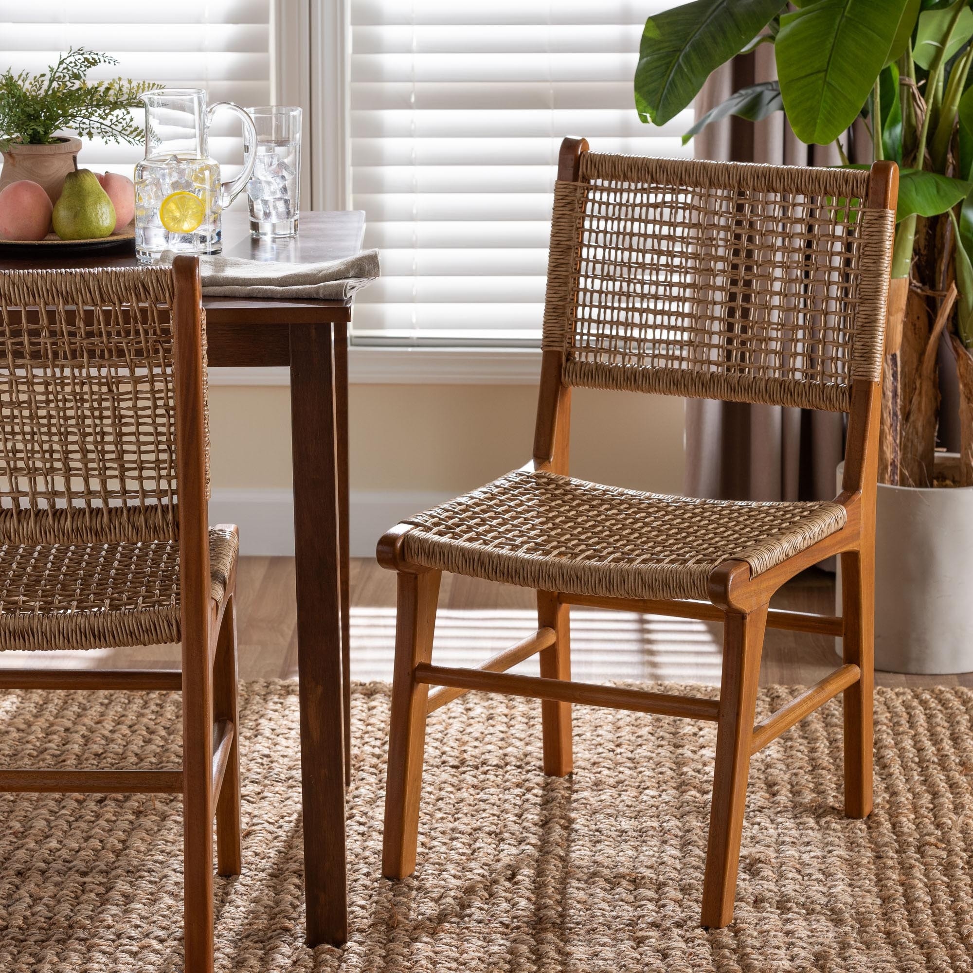 Ariba Dining Chair with Mahogany Wood Frame and Viro Fiber Weaving, Rustic Boho Accent Chair for Dining Room or Kitchen
