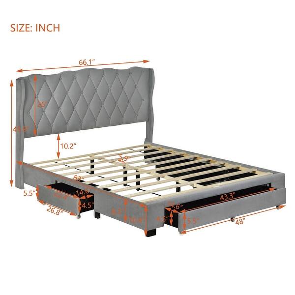 Queen Size Velvet Fabric Upholstered Platform Bed with Tufted Headboard ...