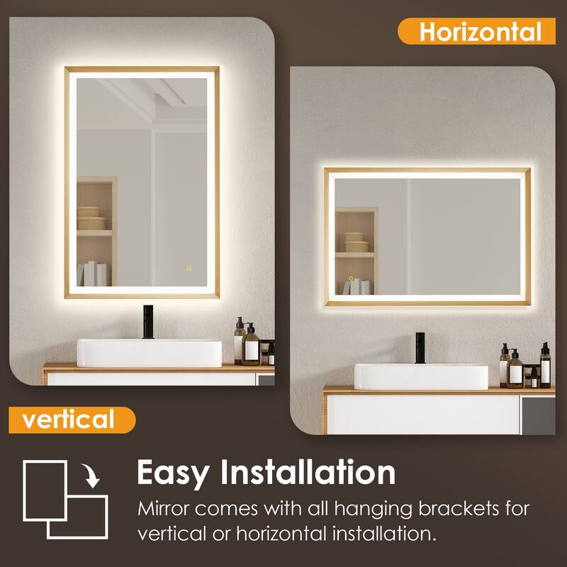 Apollo Rectangular Anti-Fog Dimmable Modern Bathroom/Vanity LED Lighted Wall Mirror in Brushed Gold Aluminum Framed