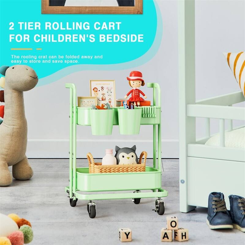 2 Tier Foldable Rolling Cart - 17.3"D x 18.3"W x 24.2"H