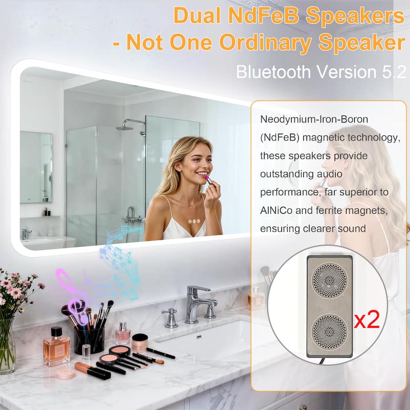 Bluetooth Speaker Smart LED Illuminated Tempered Glass Lighted Bathroom Mirror Backlight Wall Makeup Mirror