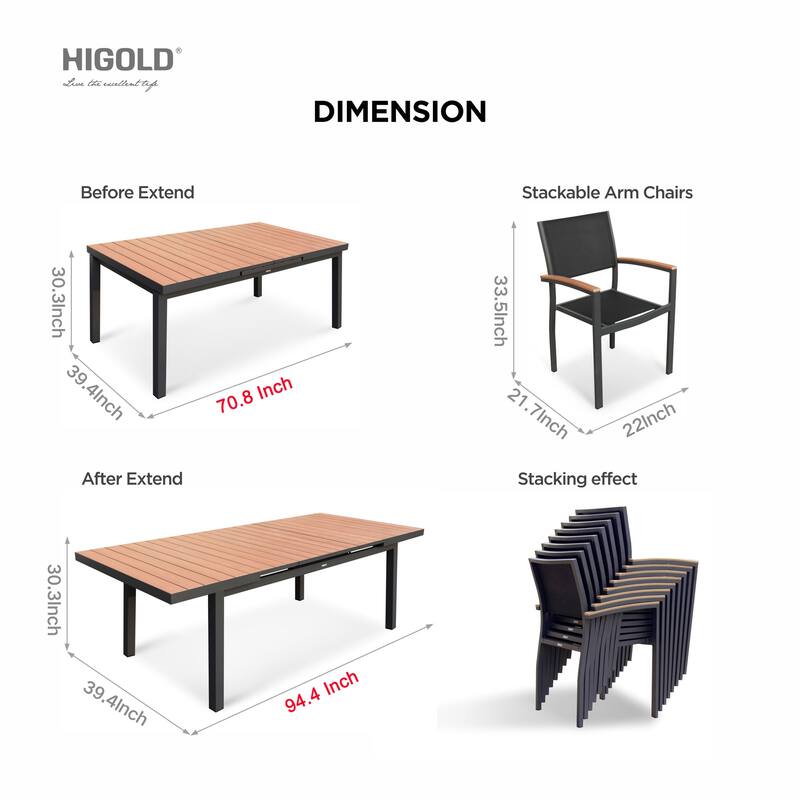 Carlo 9 Pieces Imitated Wood Plastic Outdoor Dining set for 8 Person, Extendable Table and Stackable Chair