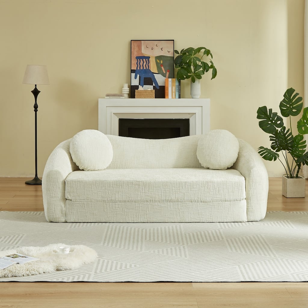 86" Chenille Curved Sofa with Pillows and Pull-Out Bed, No Assembly Required