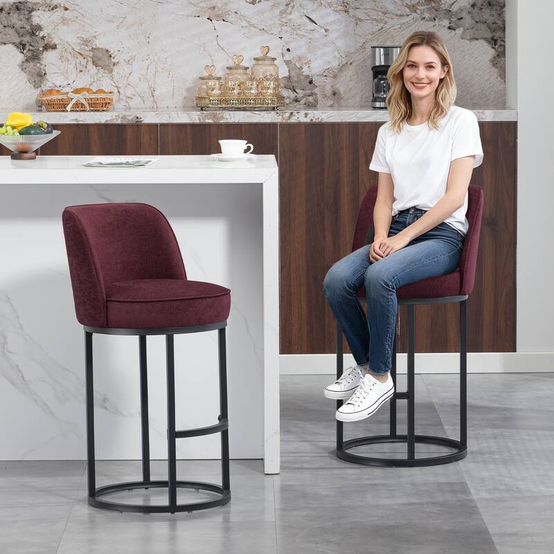 Counter Height Bar Stools Set of 2, Modern Barrel Counter Stools with Backrest, Linen Fabric Upholstered Accent Bar Stools
