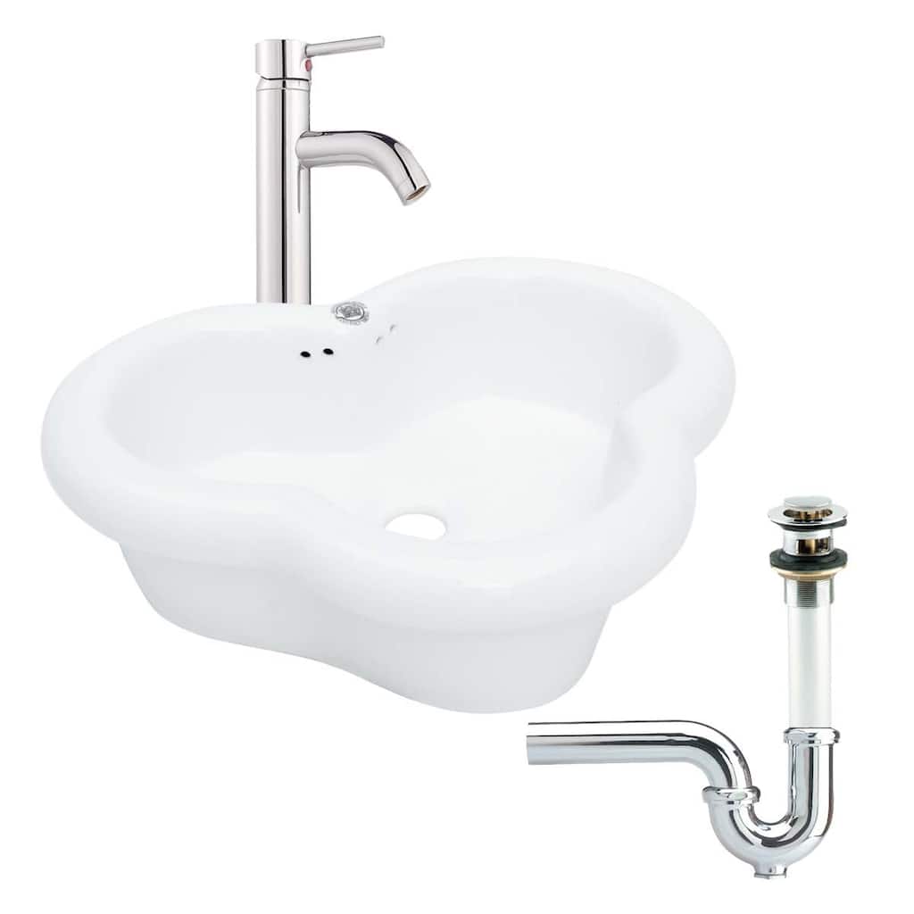 White Ceramic Countertop Vessel Bathroom Sink With Overflow, Faucet, Drain and P-Trap Renovators Supply