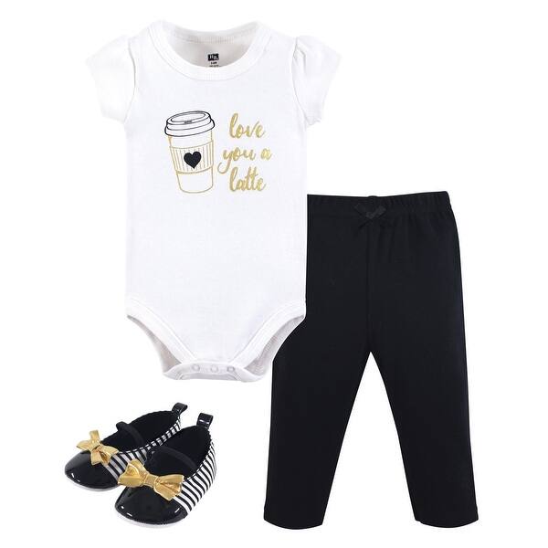 slide 1 of 1, Hudson Baby Infant Girl Cotton Bodysuit, Pant and Shoe 3pc Set, Latte 0-3 Months - Latte