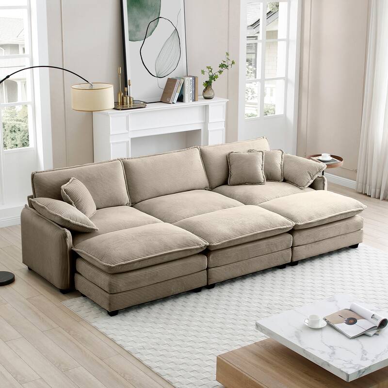 3-seater Corduroy Modular Sectional Sofa Set with Ottomans