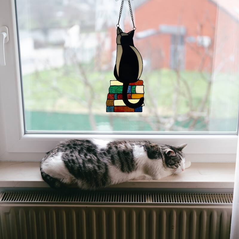 River of Goods Cat on Books River of Goods Stained Glass Vertical Window Panel - 6" x 0.25" x 12.5"